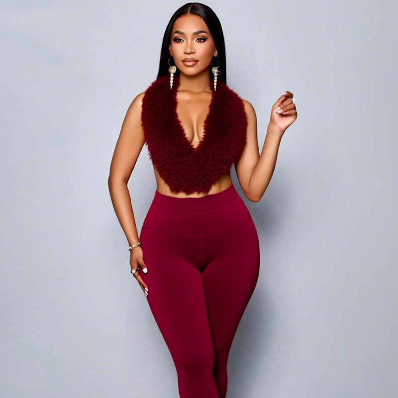 Women Furry Halter Neck Backless Lace-Up Top and Two-Piece Pants Set 4