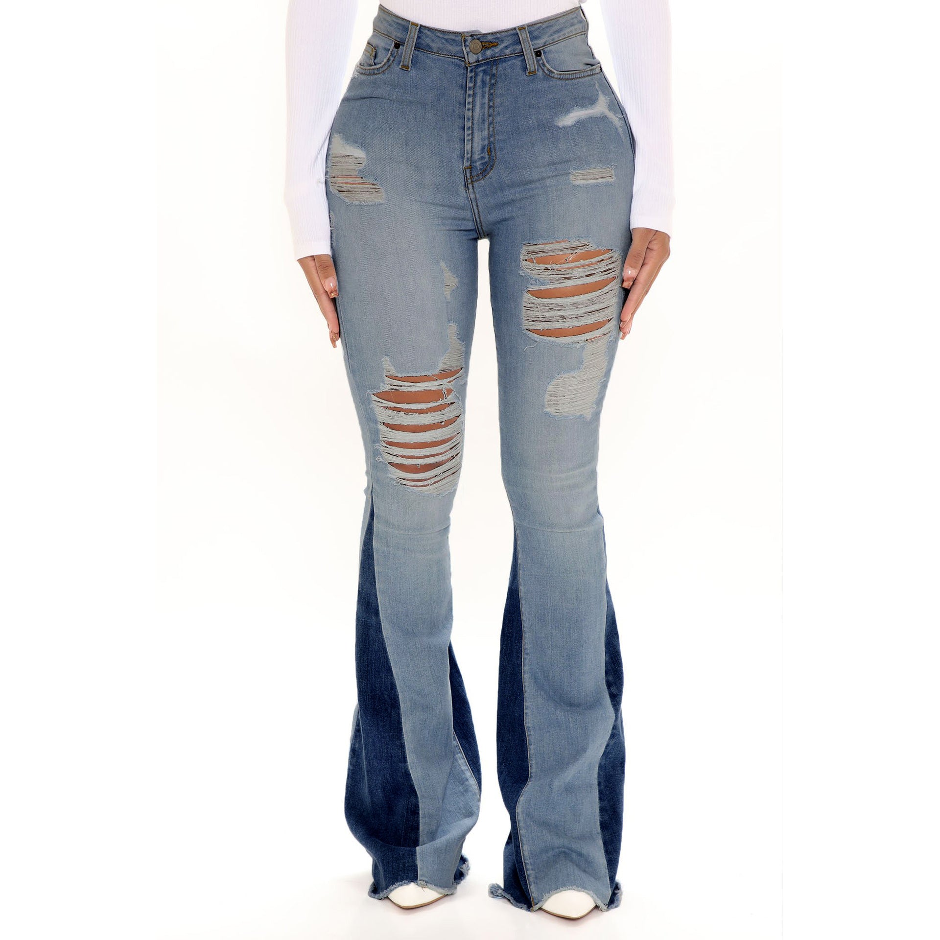 Women Casual Ripped Washed Bell Bottom Denim Pants 5