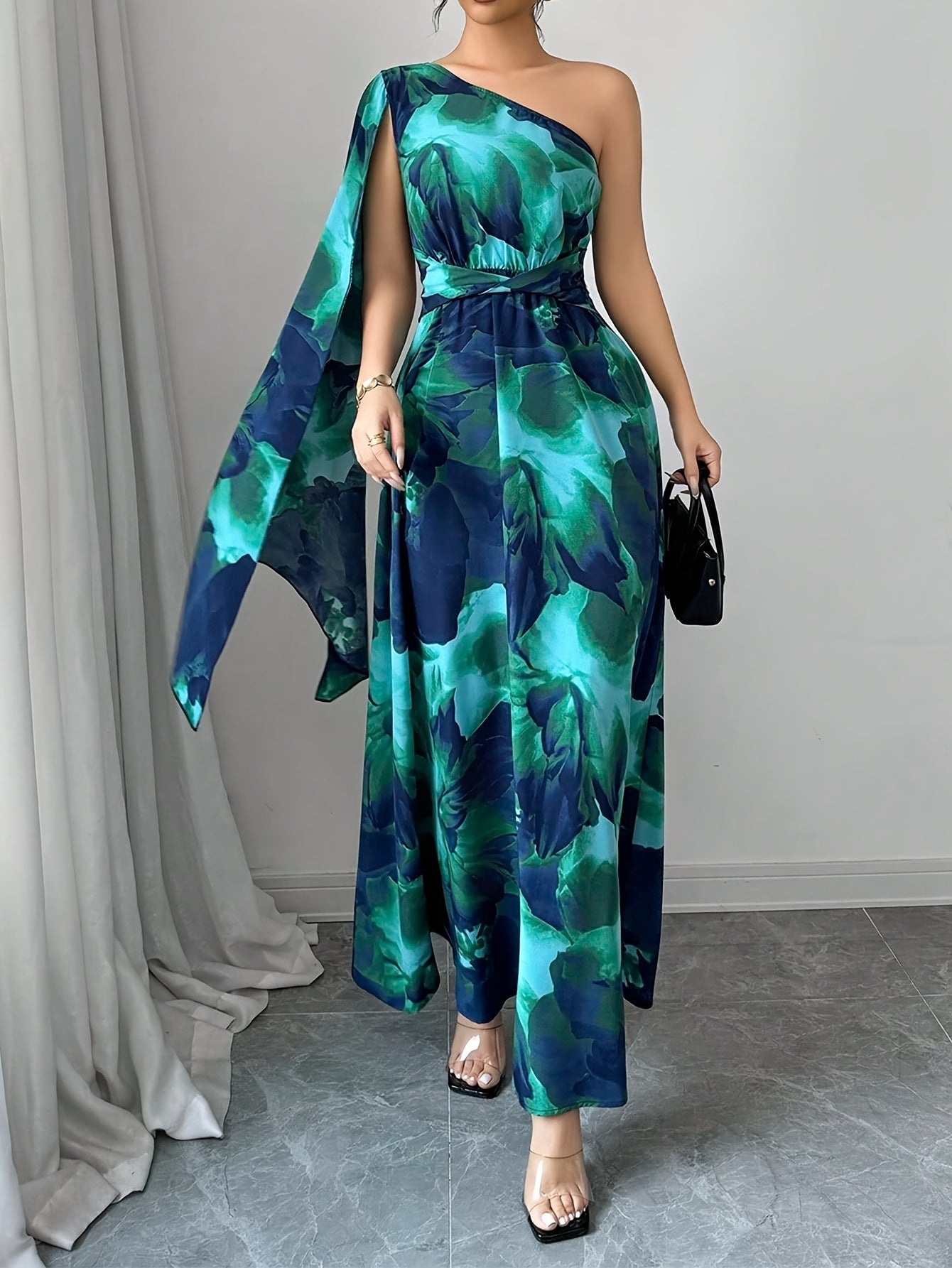 Summer Womenƒ??s Fashion Gradient Print Asymmetric Neck Long Dress 3