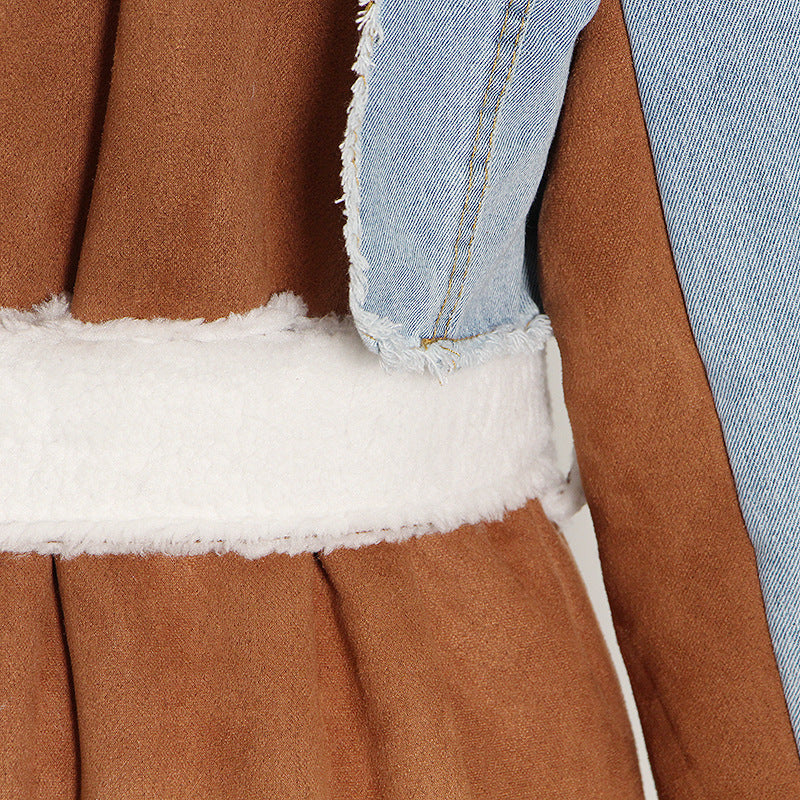 Women Autumn/Winter Turndown Collar Long Sleeve Lace-Fly Lamb Maxi Colorblock Denim Coat 26