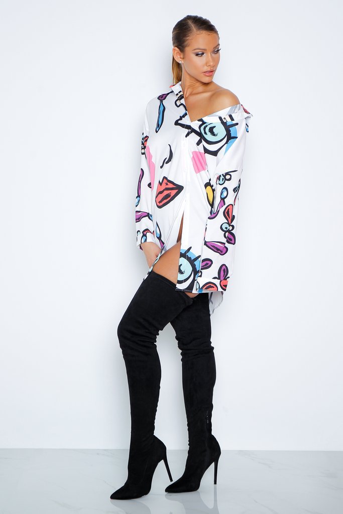Summer TurndownCollar Print Human Head Long Sleeve Irregular Shirt 8