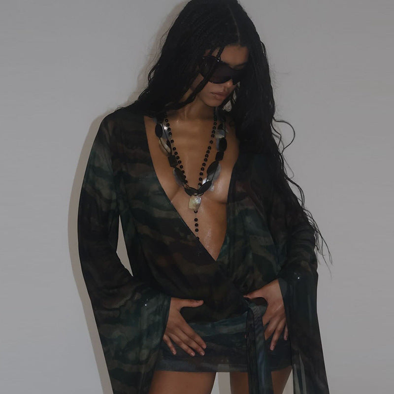 Women Summer V Neck Sexy Mesh Print Bodycon Dress 6