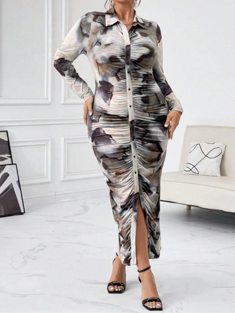 Autumn Women Tie-Dye Printed Pleated Button Slim Tight Fitting Plus Size Dress 3