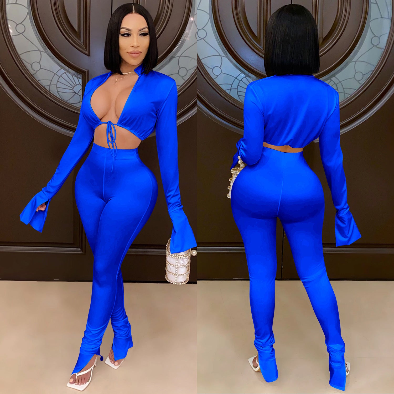 Women sexy irregular short Solid Top and Pant Two Piece Set 3