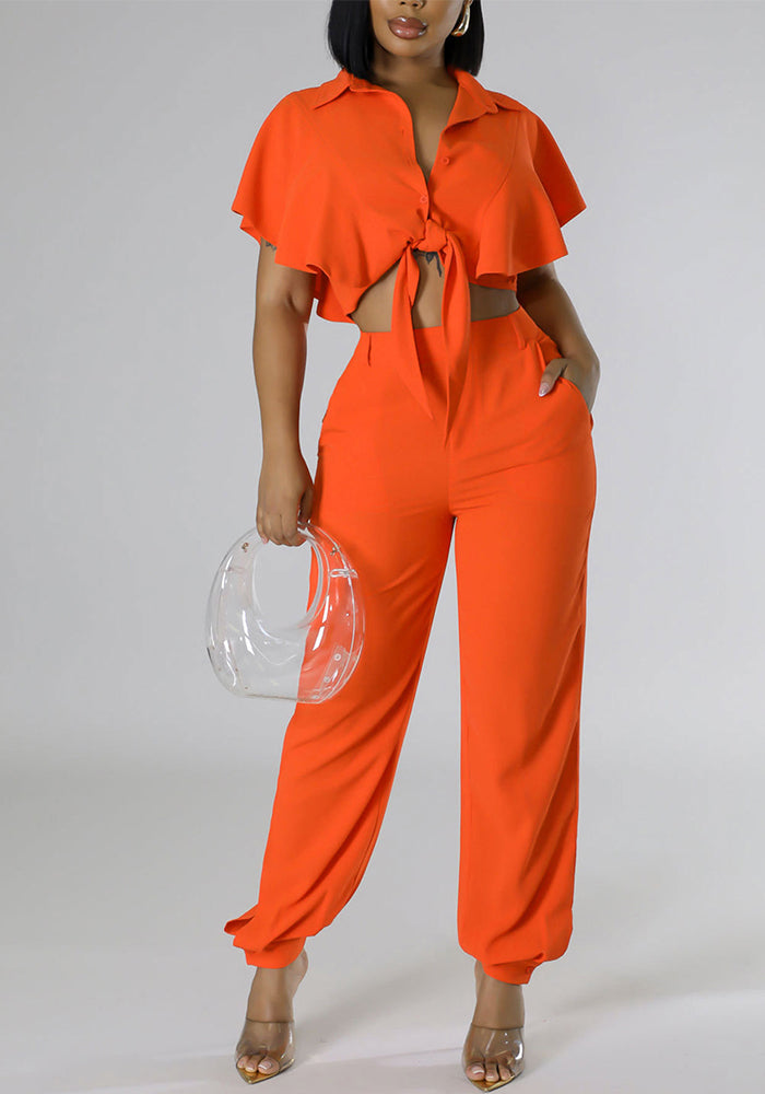 Ruffle Sleeve Tie Knot Shirt High Waist Pants Casual Two Piece Set