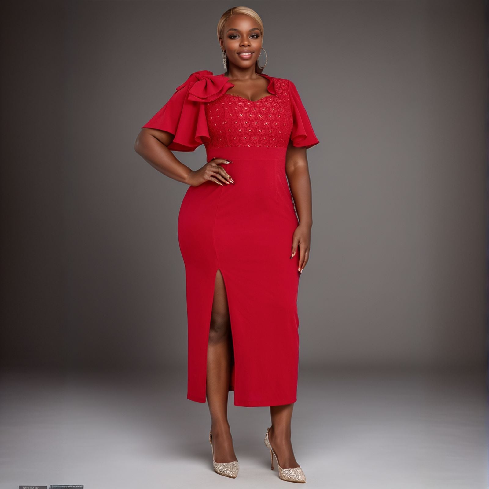 Women ruffle bow sexy Formal Party lace dress