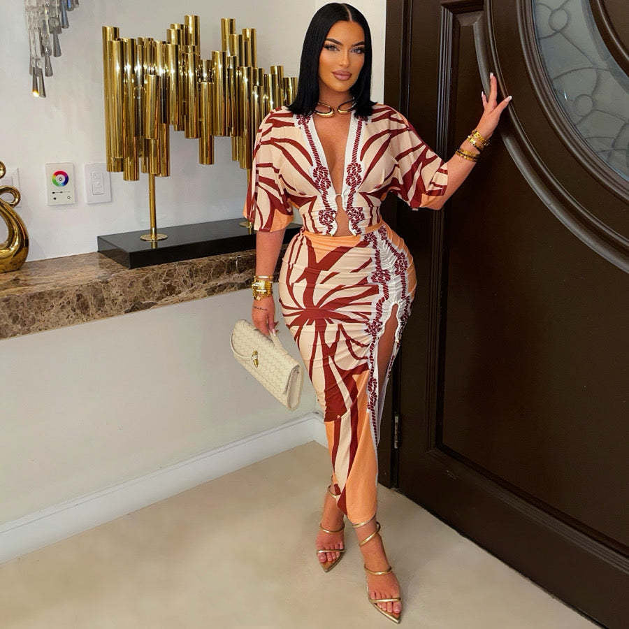 Women V Neck Short Sleeve Bodycon Print Dress 3