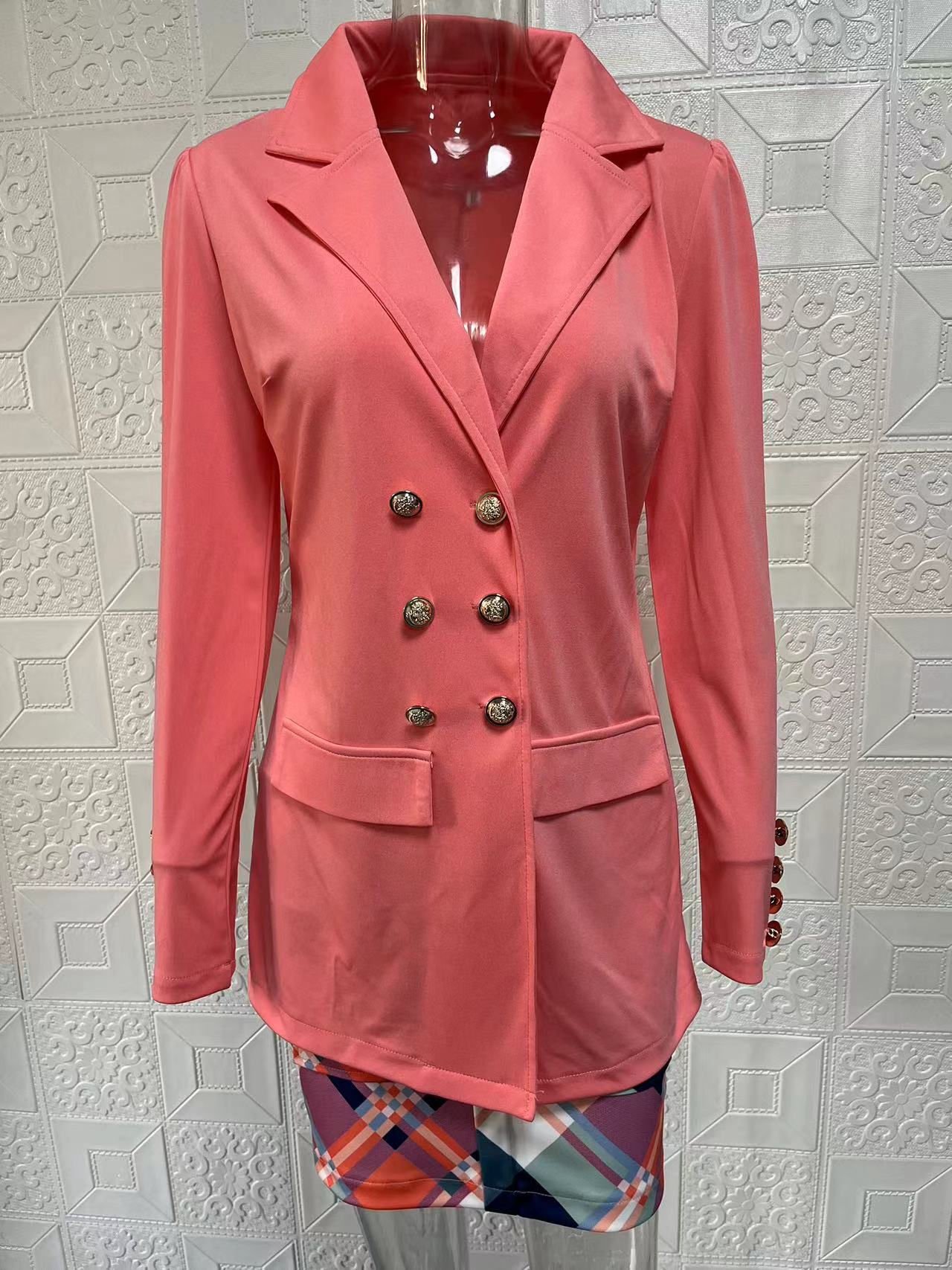 Women Printed Elegant Career Blazer and Print Skirt Two-Piece Set 32