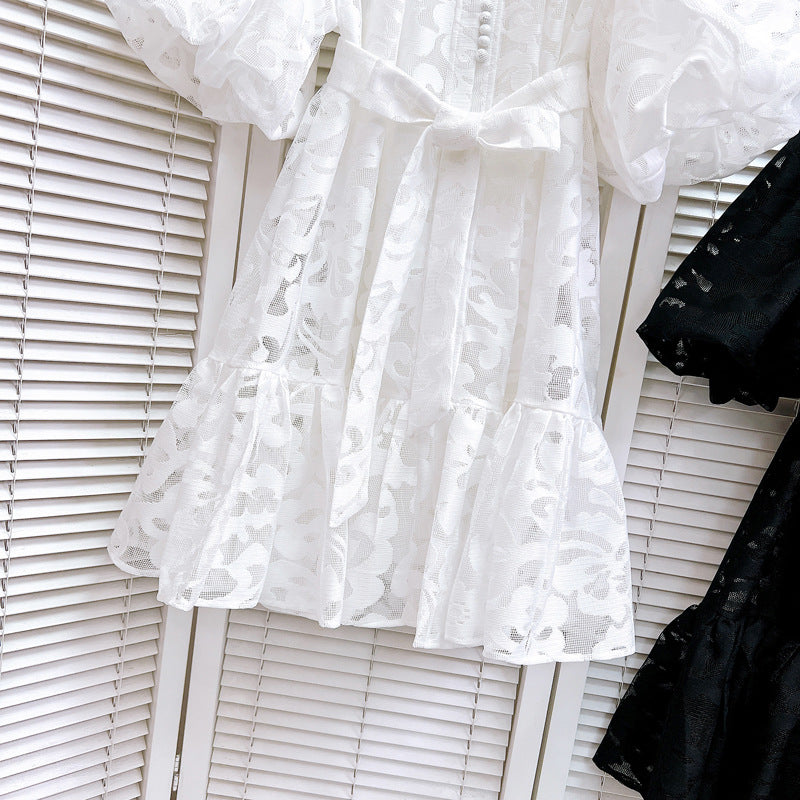 Women Round Neck Vintage Jacquard Puff Sleeve Casual Belt Dress 25