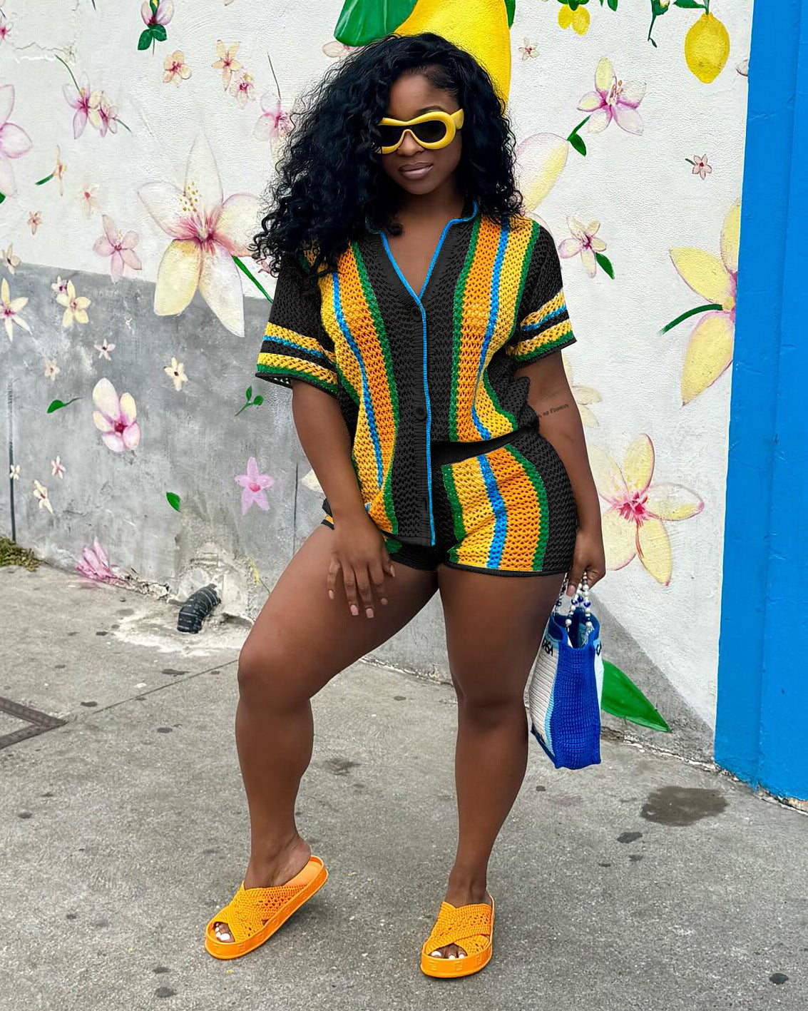 Women's Sexy Hollow Turn-Down Collar Knit Shorts Set 16