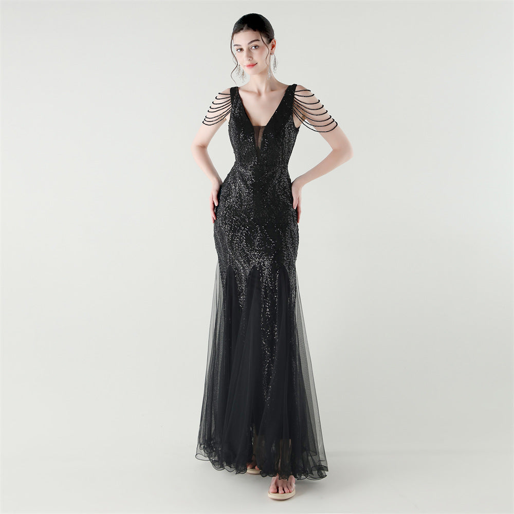 Spring Summer Low Back Sequined Mesh Slim Fishtail Party Evening Dress