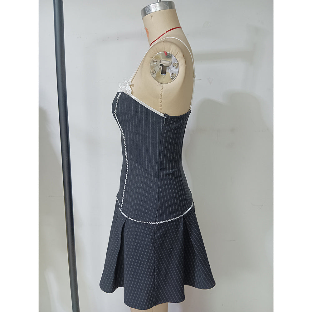 Women Summer Retro Striped Contrast Casual Suspender Dress 9