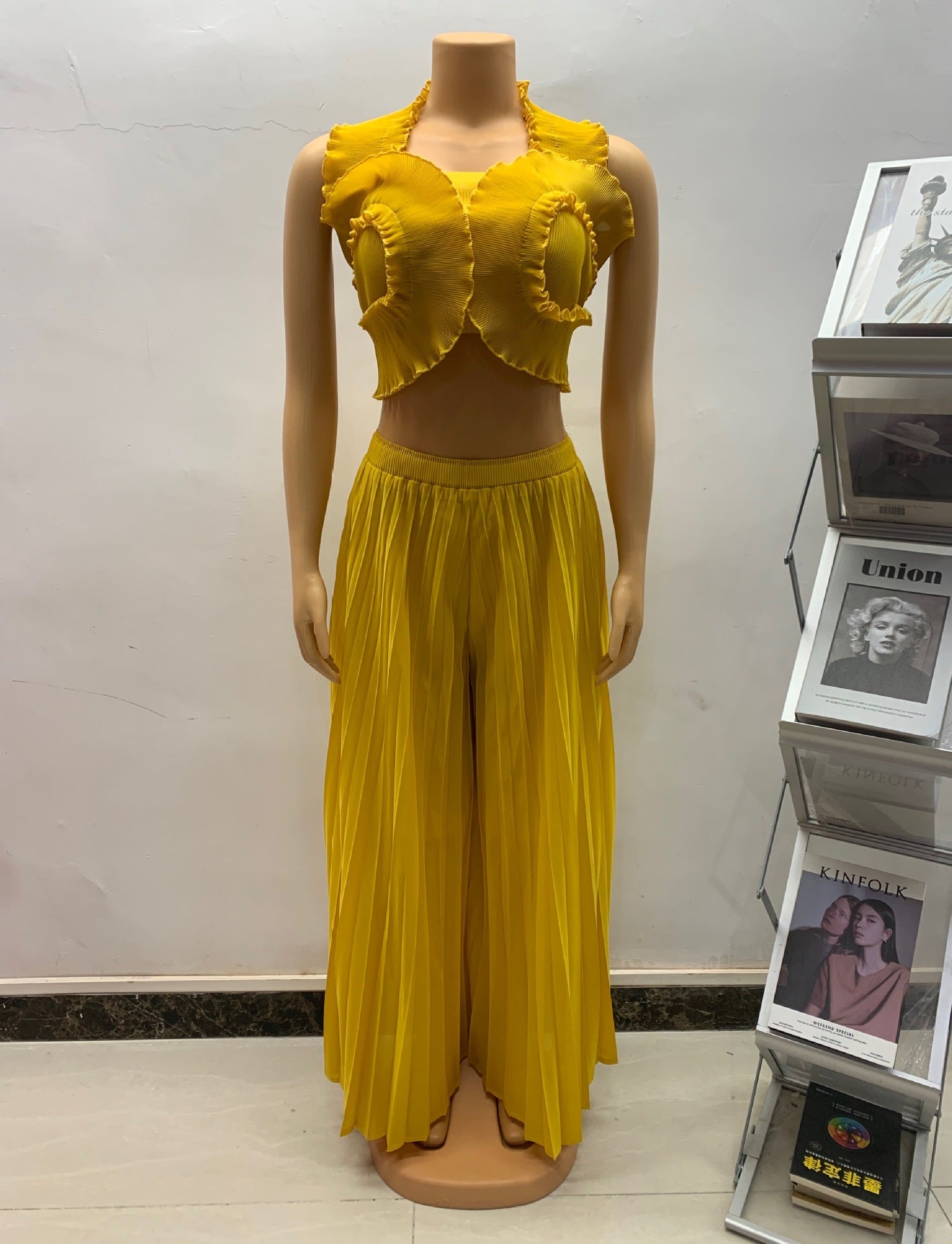 Women African Pleated Top + Wide Leg Pants Two-Piece Set 11