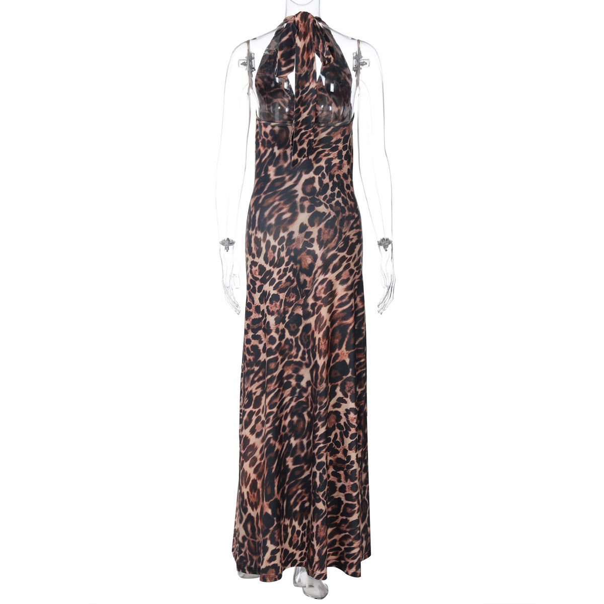 Women spring leopard print sleeveless halter neck lace-up sexy backless dress 7