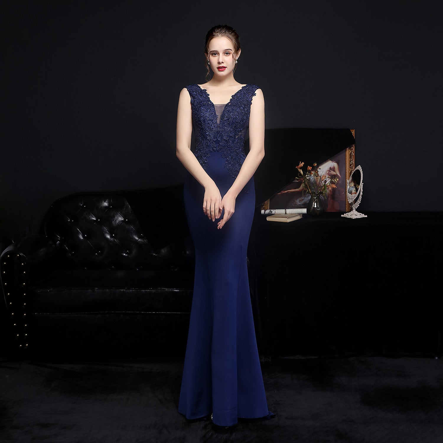 Plus-Size Women Lace-Trimmed Rhinestone Bridal Mermaid Evening Dress 15