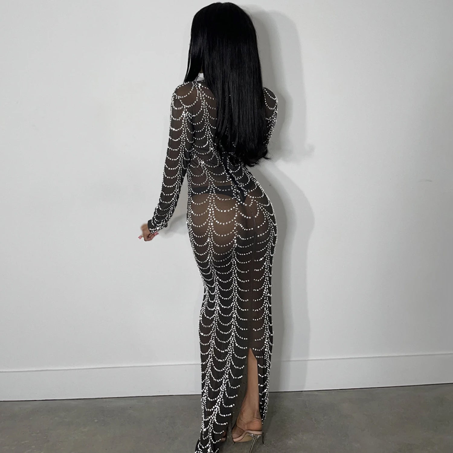 sexy rhinestone bead long sleeve see through long club dress 6