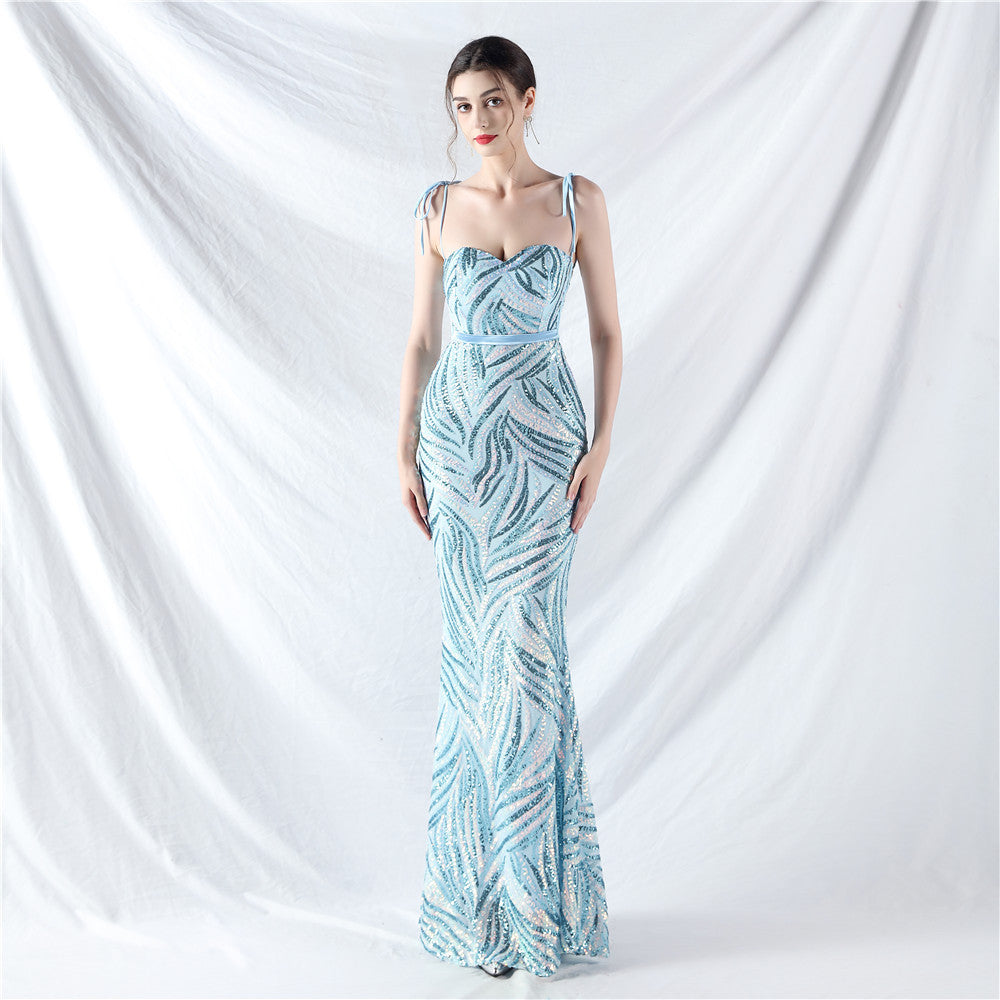 Elegant Strapless Lace-Up Strap Sequin Evening Dress 17