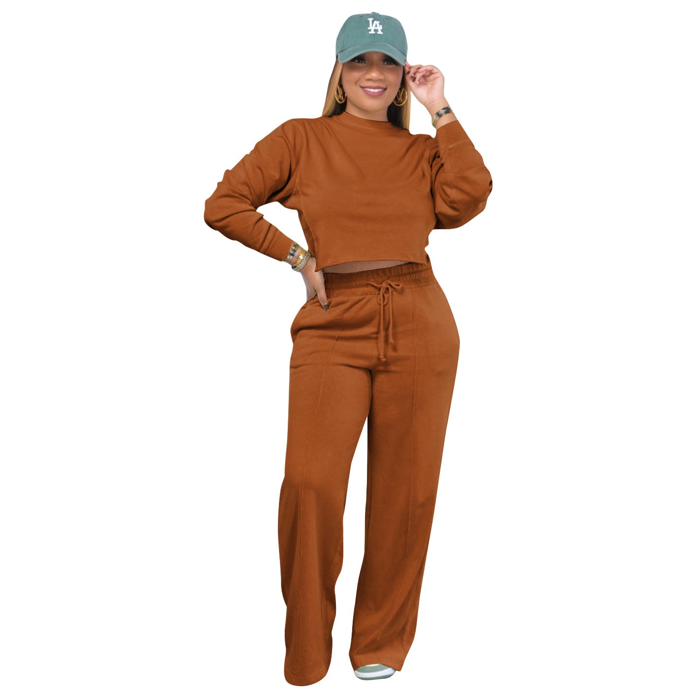 Women Solid Long Sleeve Top and Pant Casual Two-piece Set 20