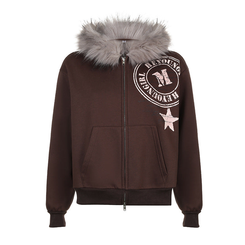 Winter Plush Hooded Badge Print Retro Jacket Loose Plus Size Casual Zipper Hoodies 7