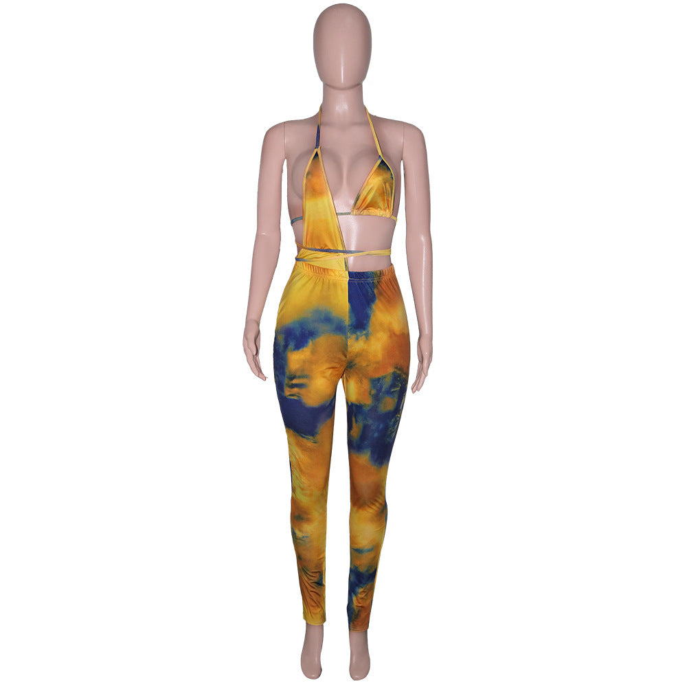 Women Summer Sexy Hollow Lace-Up Bikini Top and Printed Pant Two-piece Set 17