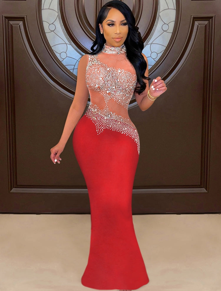 Winter Sexy Red Beaded Mesh Patch Sleeveless Evening Dress