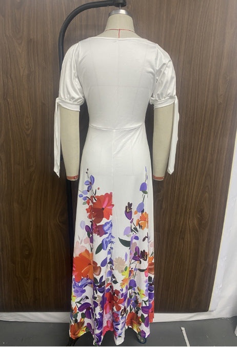 Women spring and summer off-shoulder short-sleeved V Neck print dress 5