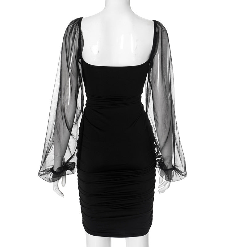 Women Fall Mesh Puff Sleeve Patchwork Sexy Gathered Bodycon Dress 8