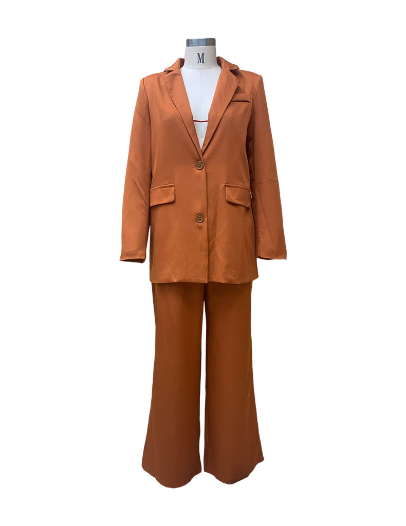Women Solid Long Sleeve Suit and Wide Leg Pants Two Piece Set 10