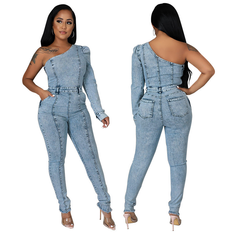 Women Clothes Fall Single Long Sleeve Slash Shoulder Denim Jumpsuit