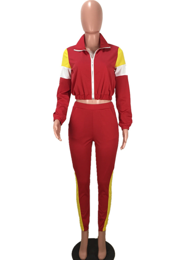 Women's Patchwork Sport Contrast Casual Tracksuit Two Piece Set 30