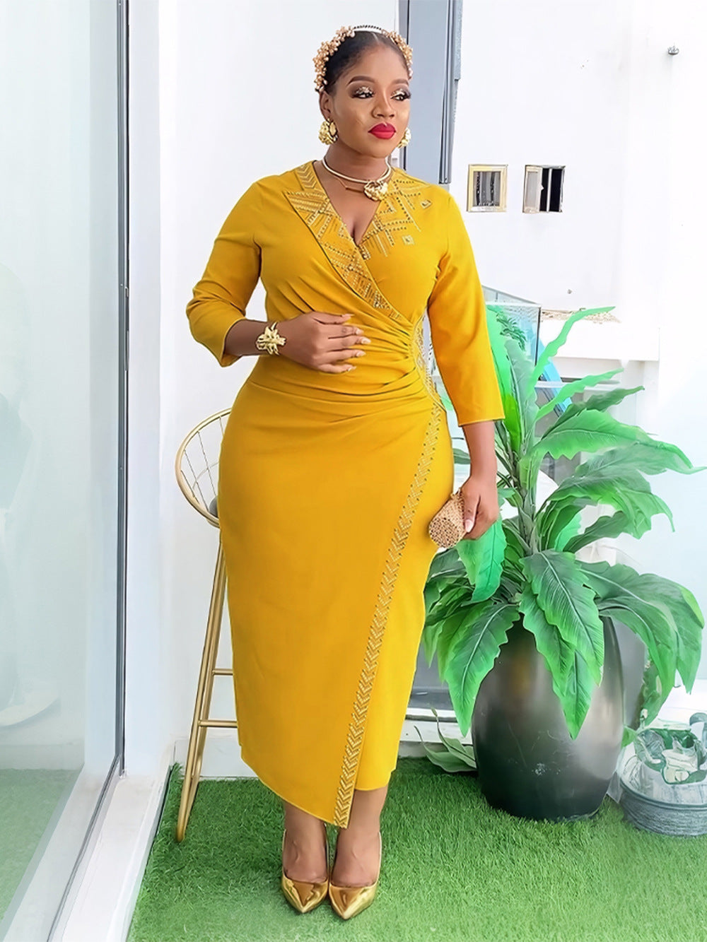 Plus Size African Women Elegant Studded Bodycon Dress 8