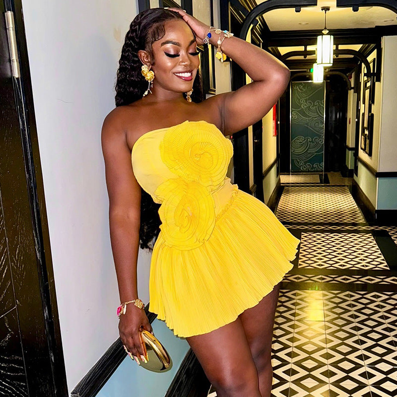 Women's Autumn Flower Decoration Strapless High Waist A-Line Short Dress