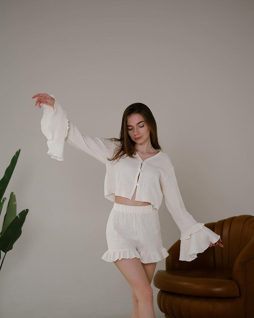 Women Lotus Edge Long-sleeved Top and Shorts Two-piece Set 4