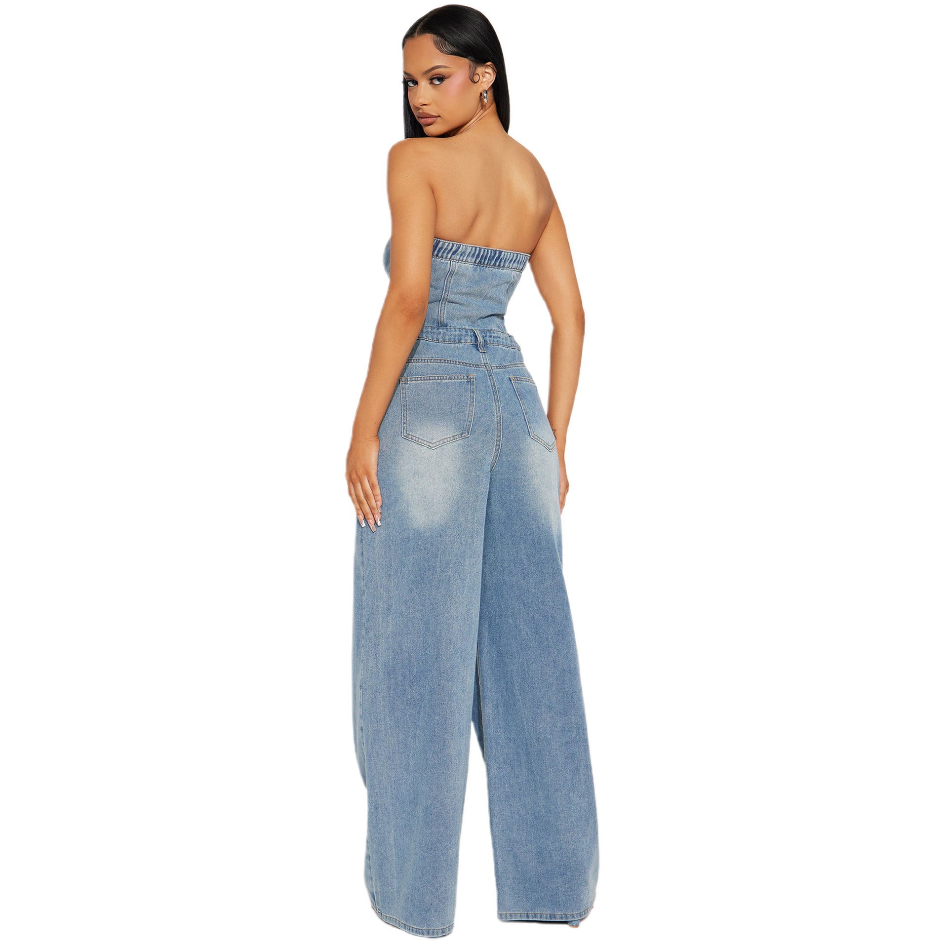 Women Strapless Off Shoulder Wide Leg Denim Jumpsuit 5