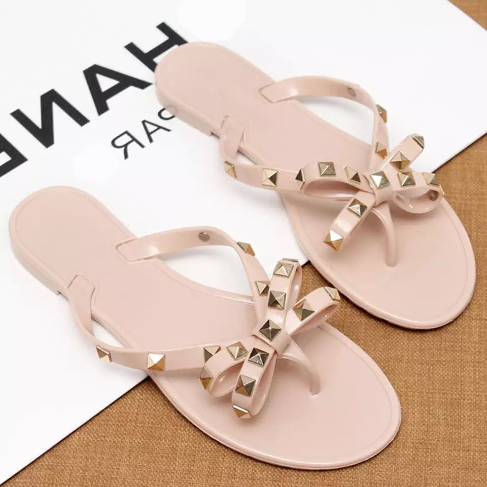 Women Rivet Shoes Bow Flip-Flops Summer Outwear Beach Flat Bottom Transparent Slippers 7
