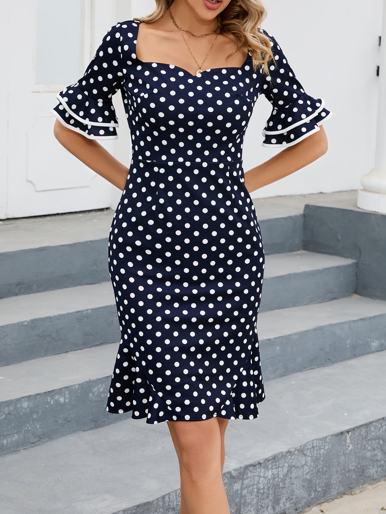 Fashion Elegant Career Ruffle Sleeve Polka Dot Fishtail Dress 3