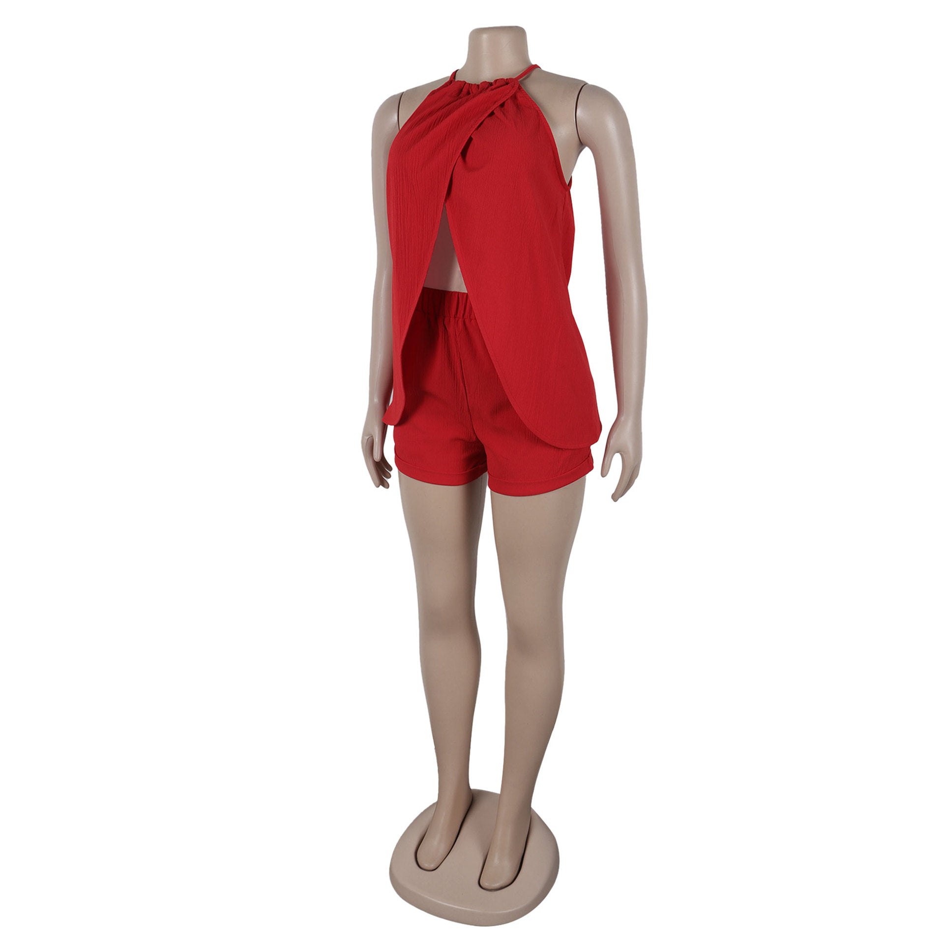 Women sexy solid slit halter neck lace-up sleeveless top and shorts two-piece set 14