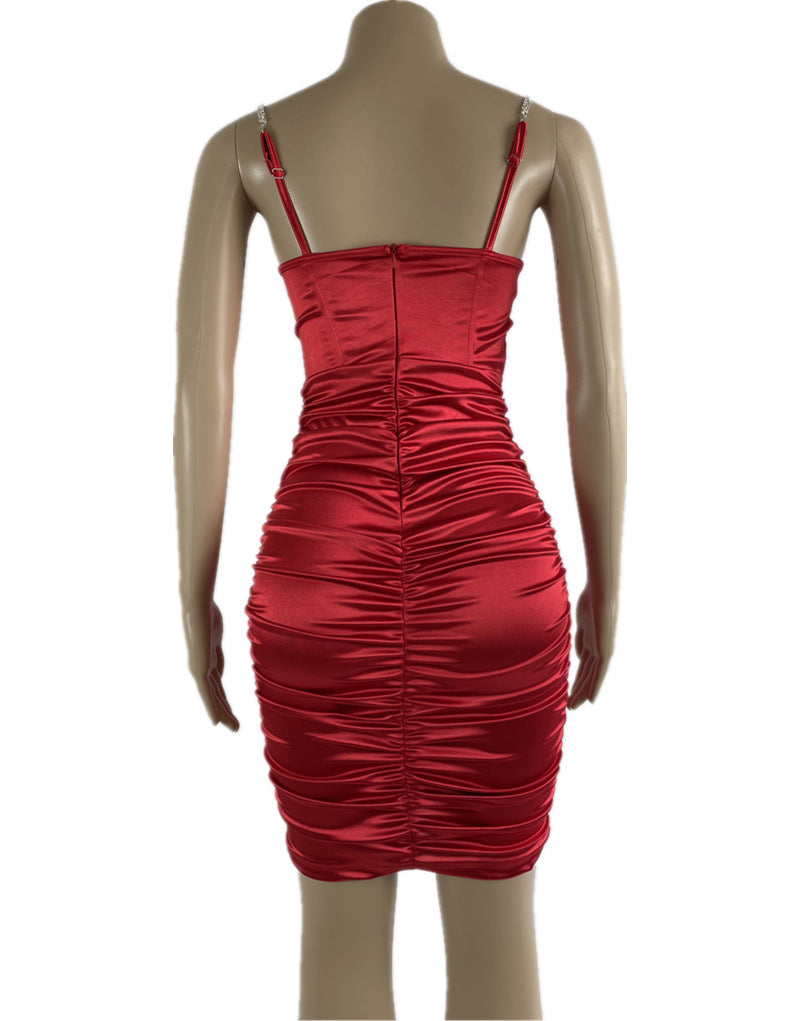 Sexy Women'S Diamond Chain Straps Solid Color Tight Fitting Midi Dres 17