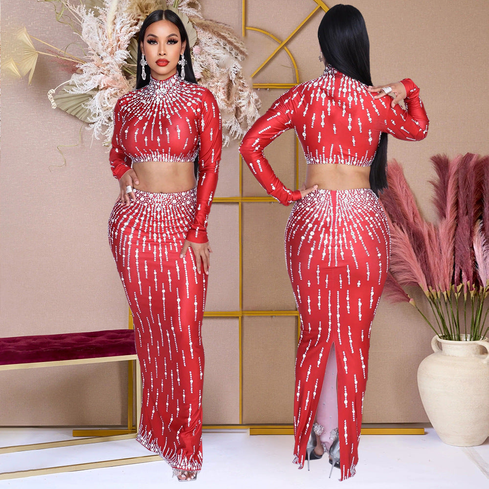 Long Sleeve Top & Bodycon Slit Skirt Party Printed Two-Piece Set 3