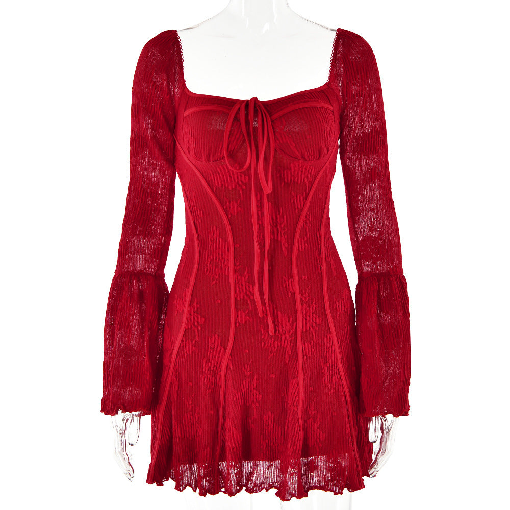 Spring Sexy Lace Bell Sleeve Long-Sleeve Low Back Bodycon Short Dress 10