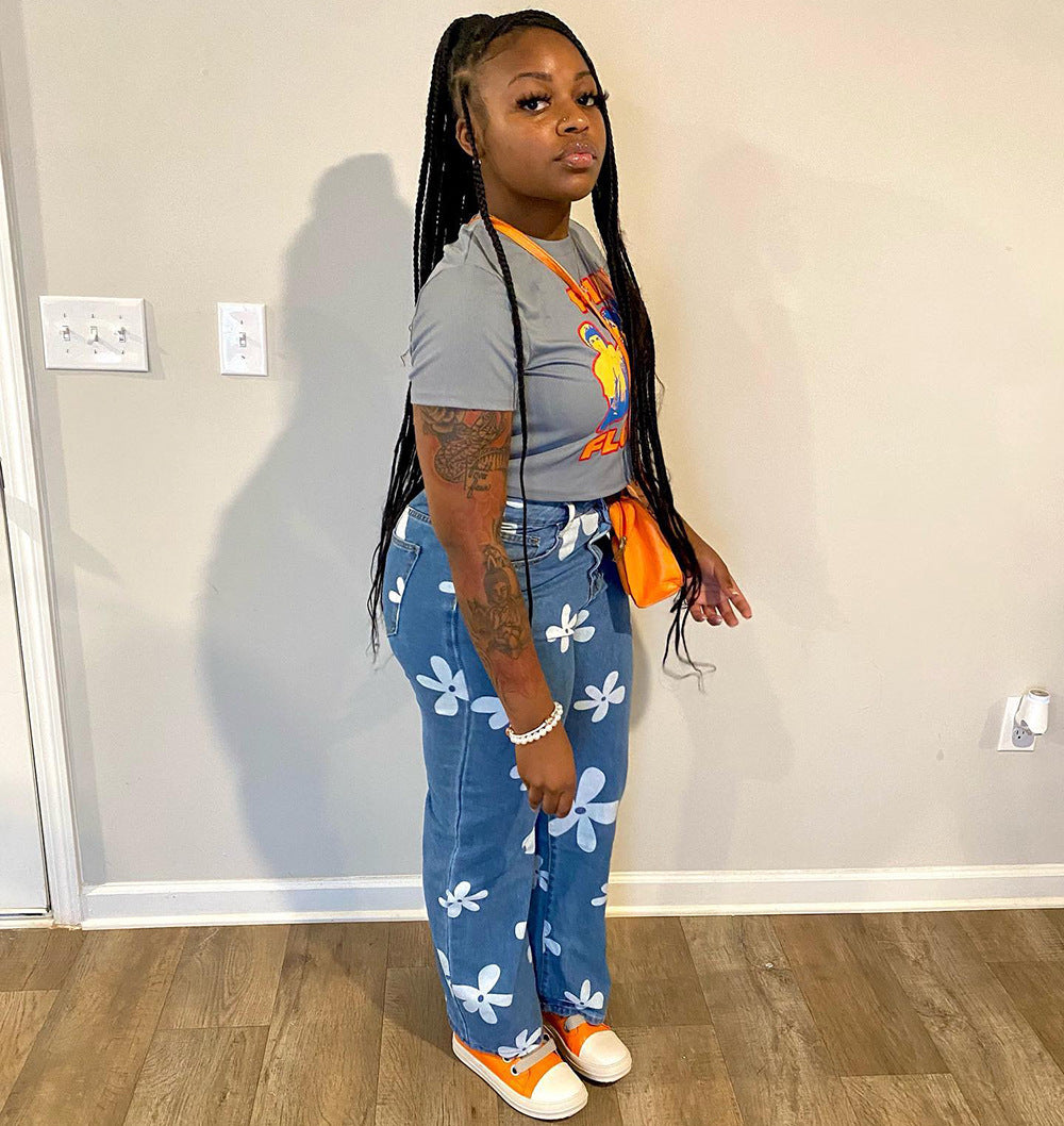 Women Casual Floral Print Denim Pants