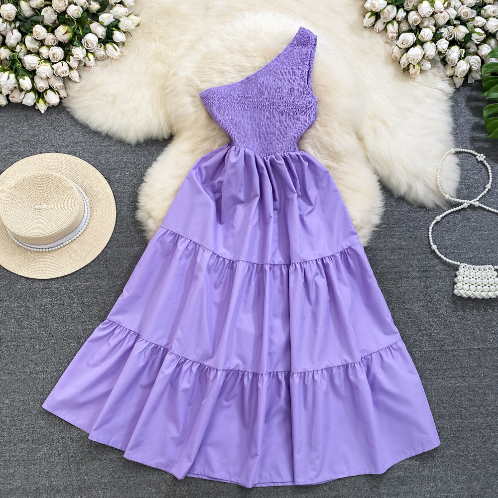 Retro Chic Sleeveless Slash Shoulder Slim Waist Slim Fit Beach Holidays A-Line Long Dress 27