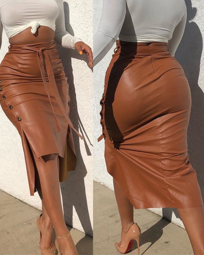 Women's Slit Slim Midi Pu Leather Skirt 3