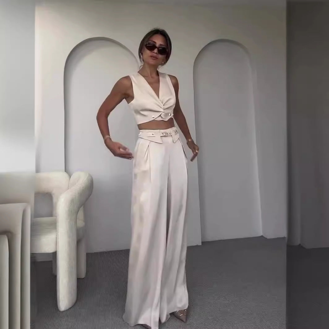 Summer women's solid color v-neck vest wide-leg trousers fashion set 8