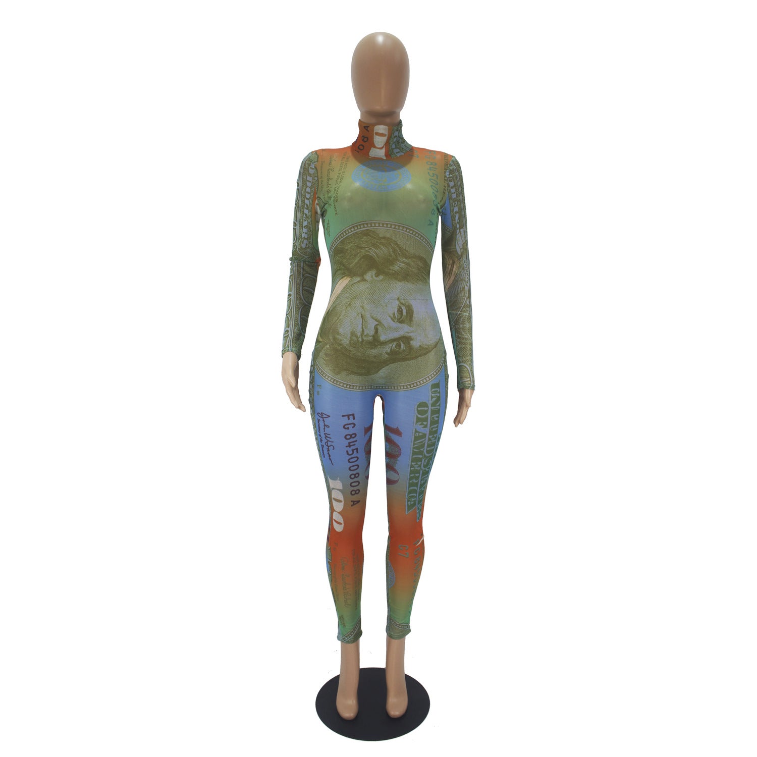 Women's Sexy Dollar Print Mesh Long Sleeve Jumpsuit 9