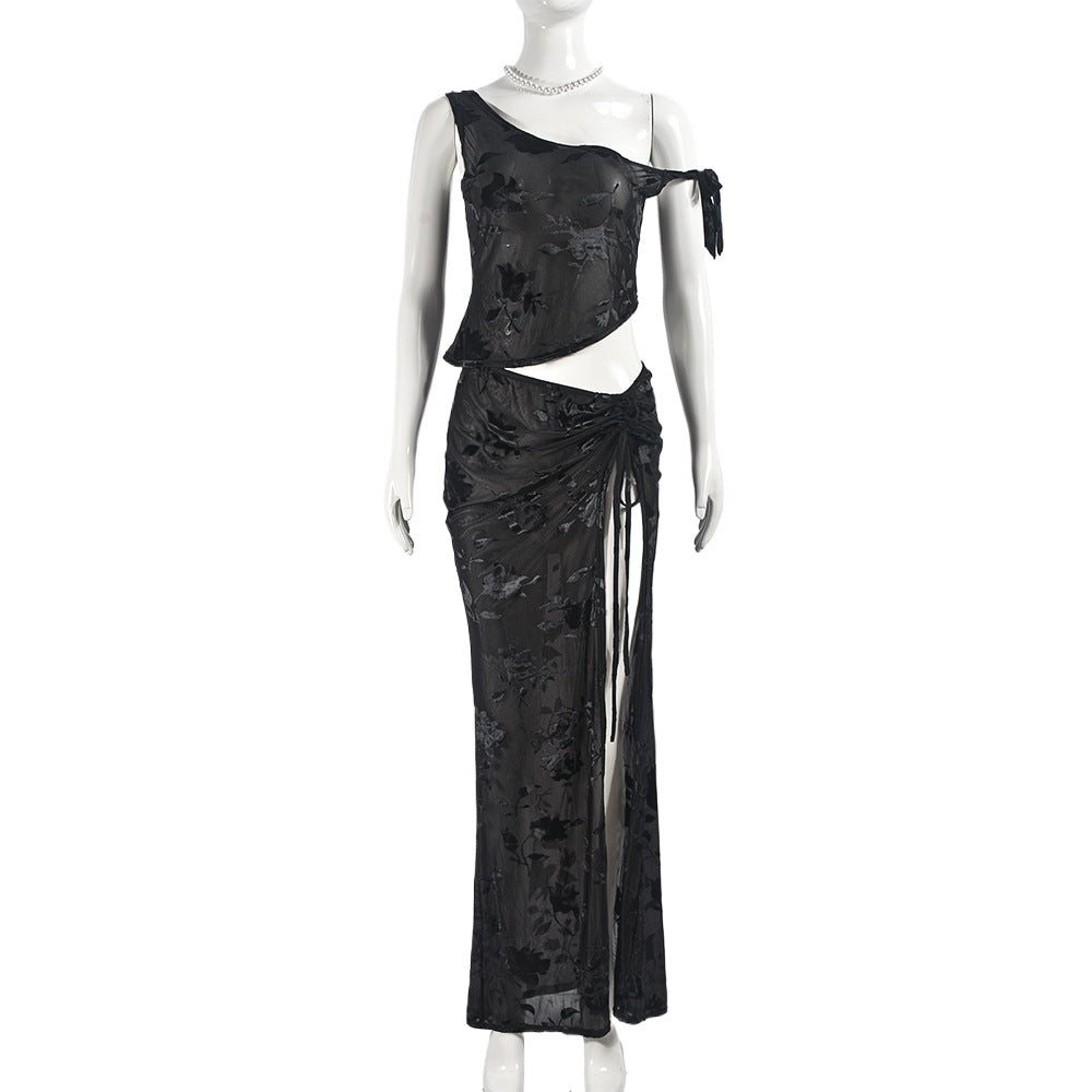 Women See-Through flocking Lace-Up sexy Crop one-shoulder Top and Skirt two-piece set 10