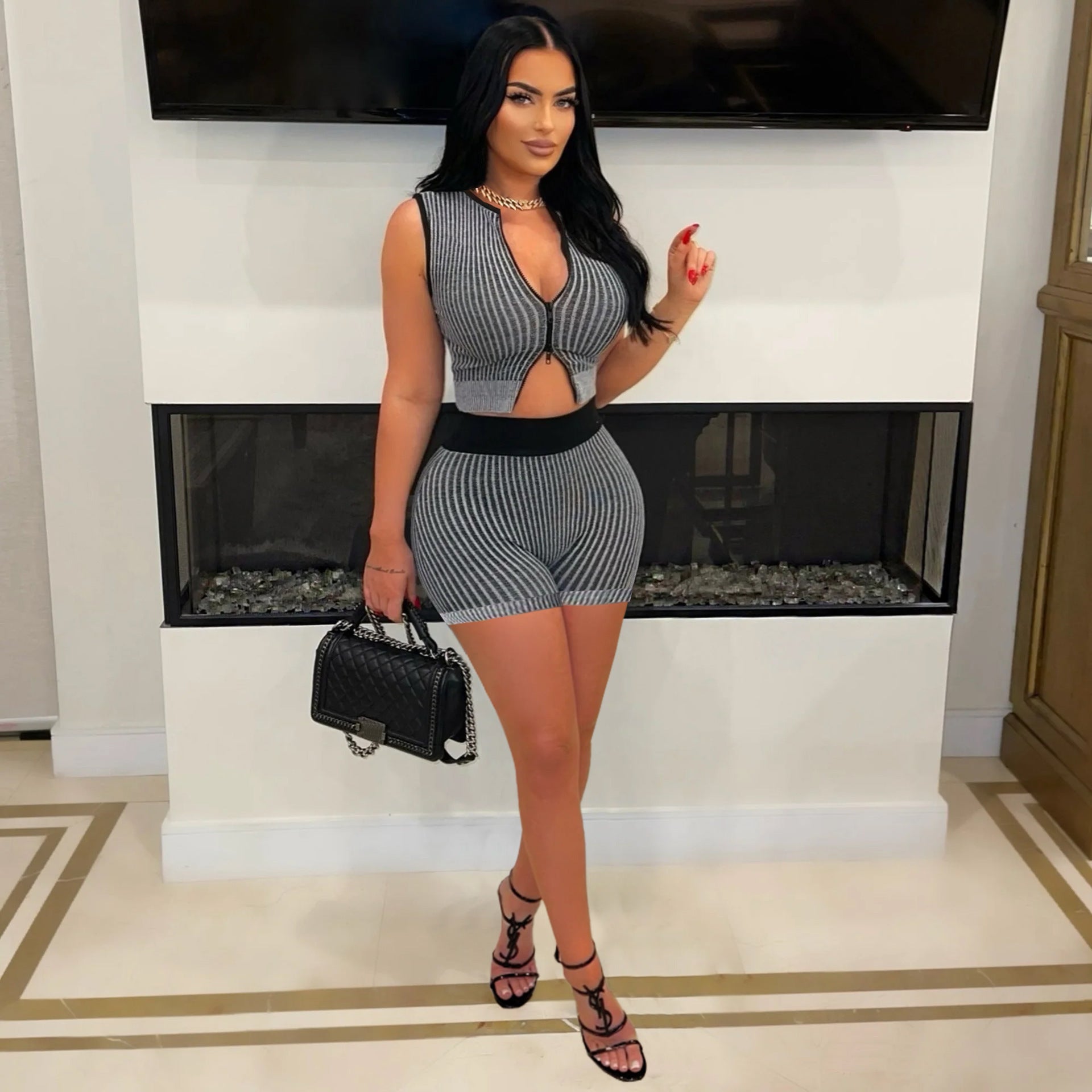 Women Knitting Zipper Top and Shorts Casual Two-piece Set