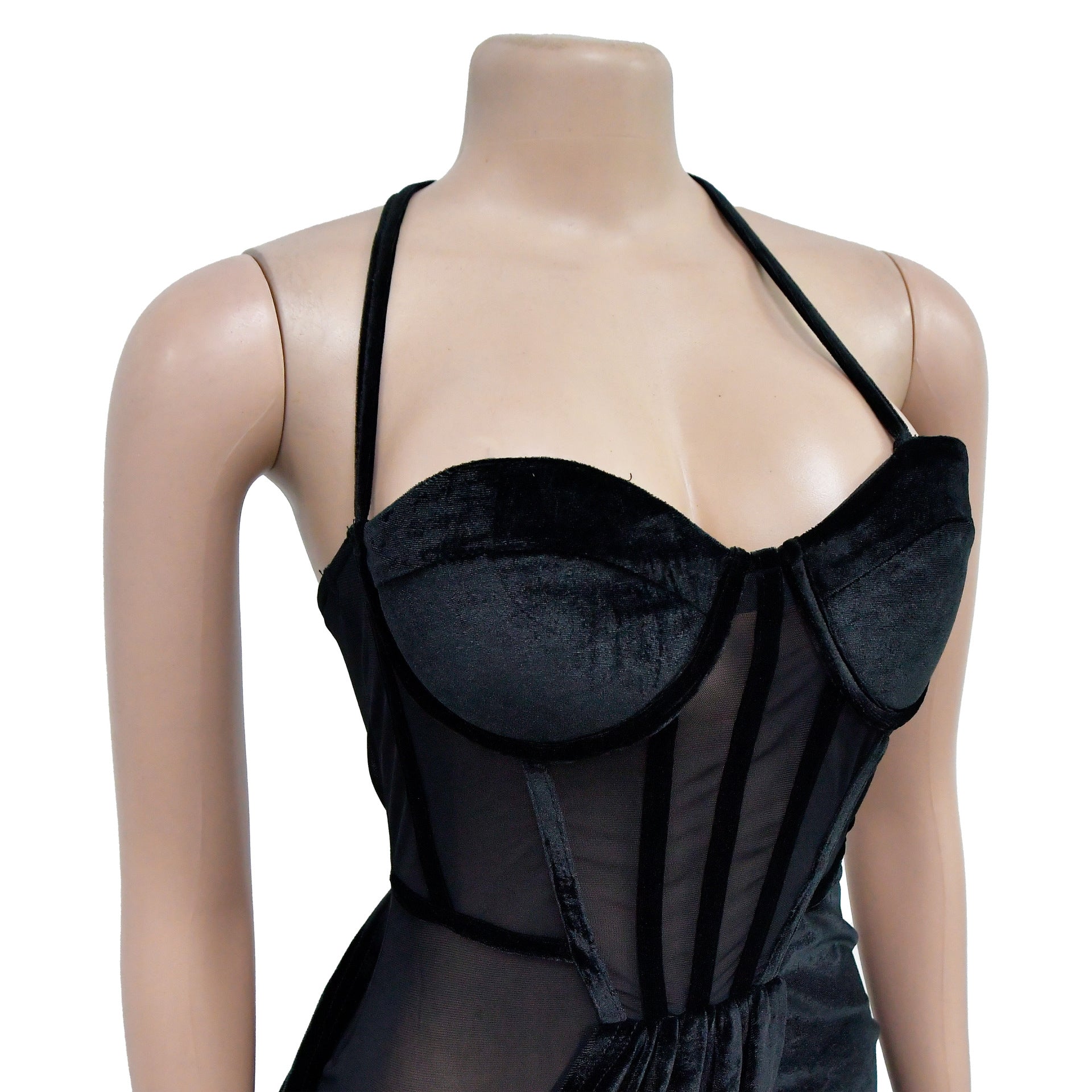 Fashion Women's Solid Color Mesh Straps Slit Long Dress 19