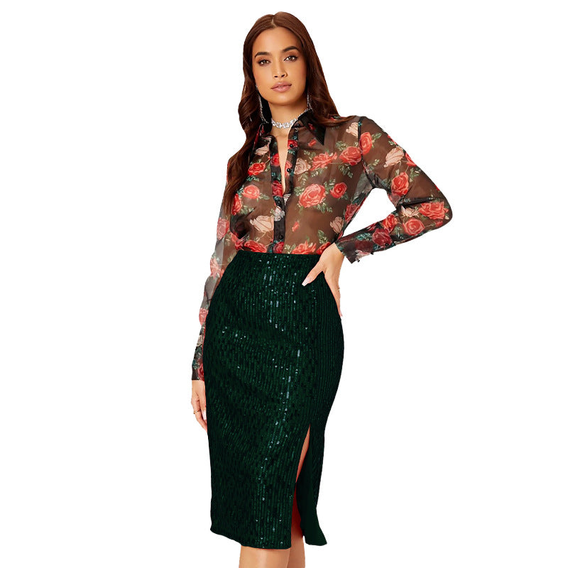 Women Slit Bodycon Sequined Skirt 13