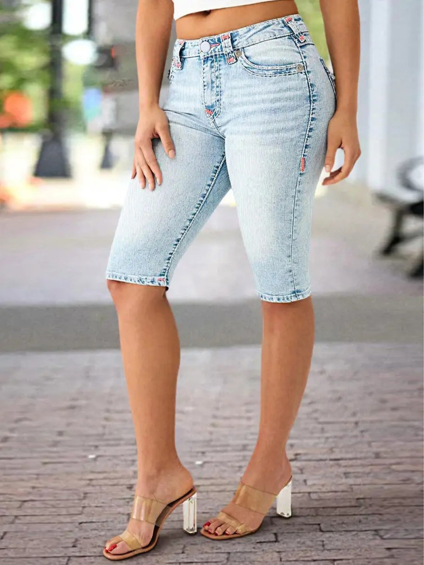 Women Colorblock Casual Denim Knee-Length Shorts 6